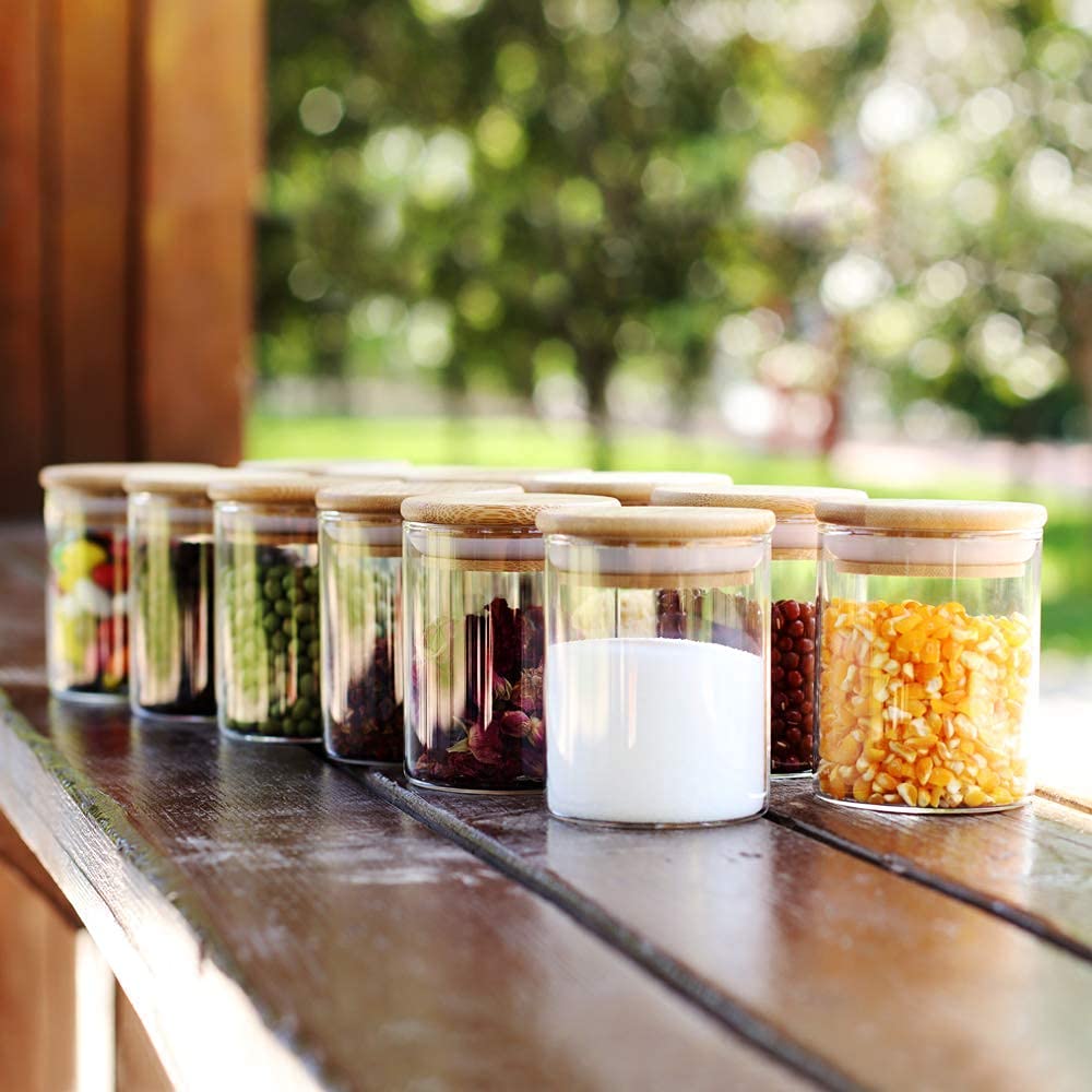 Vency Set Of 9 Glass Jars Set, 220Ml With Bamboo Airtight Lids, Food Cereal Storage Containers For Home Kitchen Tea Herbs Pasta Coffee Flour Herbs Grains, Transparent