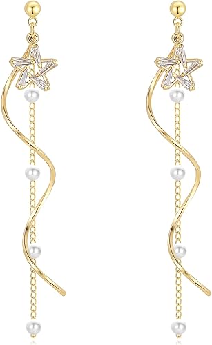 Neareen Pearl Drop Earrings for Women Girls, 14K Gold Plated Dangle Earrings with 925S Post for Wedding