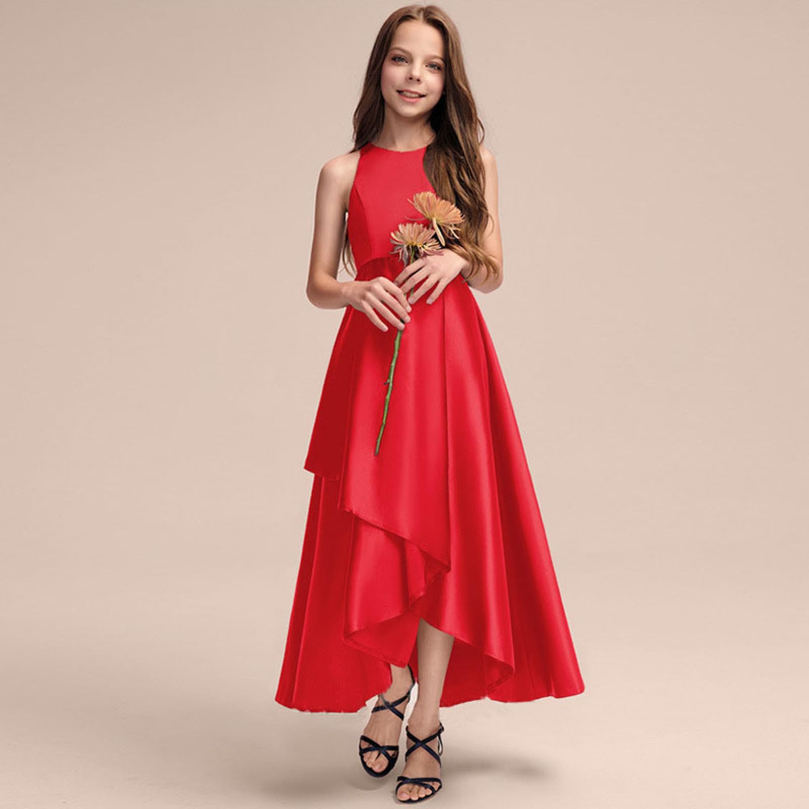 Ärmellos Rüschen Rückenfreies Satin Kleid Mädchen A-Linie Elegant Abendkleid Festlich Hochzeitskleid Mode Blumenmädchenkleider Sommer Prinzessin Kleid Lässig Brautjungfer Sundress