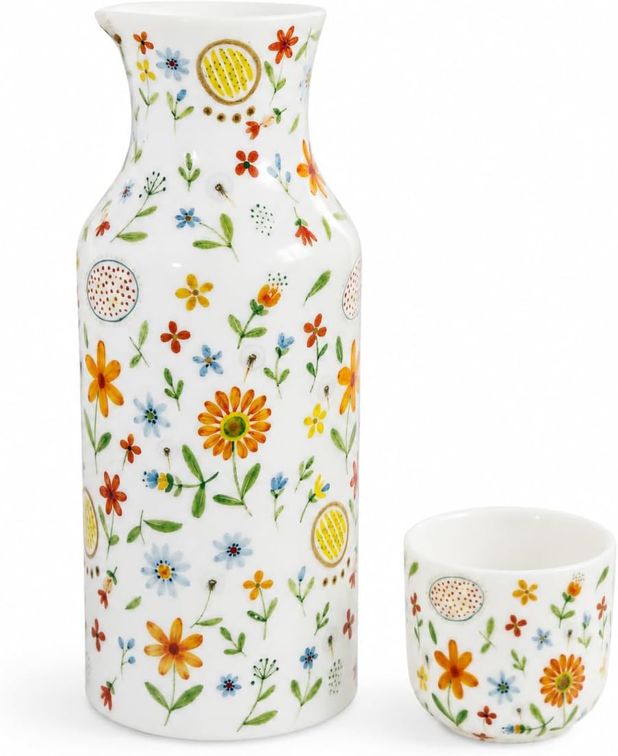 Bedside Water Carafe Set with Cup, Floral Ceramic Nightstand Water Pitcher