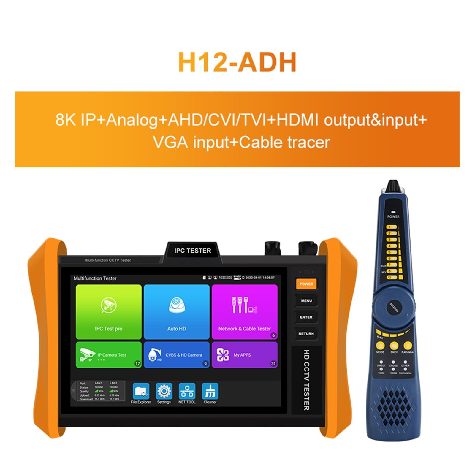 Tester per sistemi CCTV, Tester CCTV NUOVA versione 8 pollici 8K H.265 H12-CLMOVTADHSEF telecamera IP Supporto POE++, o SFP Ipc Poe(H12-ADH)