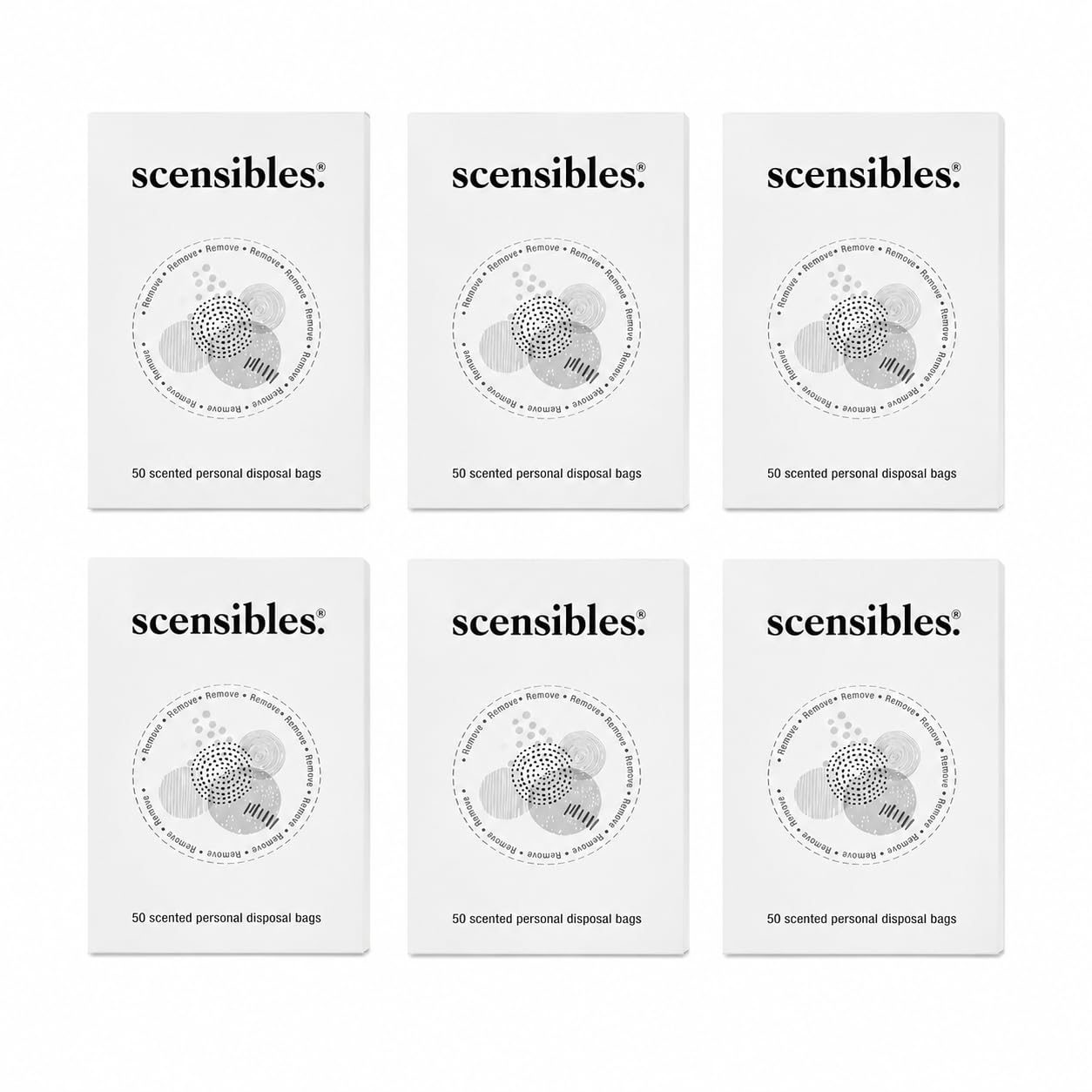 Scensibles Personal Care Disposal Bags Refill Boxes – 300 Bags (6 Boxes of 50) – for Tampons, Pads, Liners, Condoms &amp; More – Discreet, Hygienic &amp; Odor-Reducing