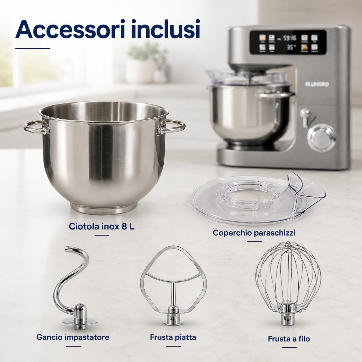 Planetaria 8 Litri BLUP4975 DELUXE, Impastatrice Planetaria 2100W con Bilancia Integrata, Display Touch a Colori, 12 Velocita, Fermentazione 25-45 C, Ciotola Inox e 3 Accessori