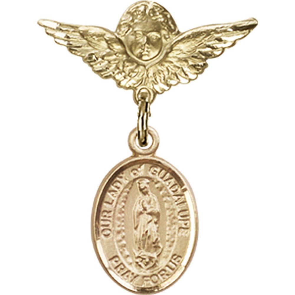 Gold Filled Baby Badge with Our Lady of Guadalupe Charm and Angel w/Wings Badge Pin 1 X 3/4 inches