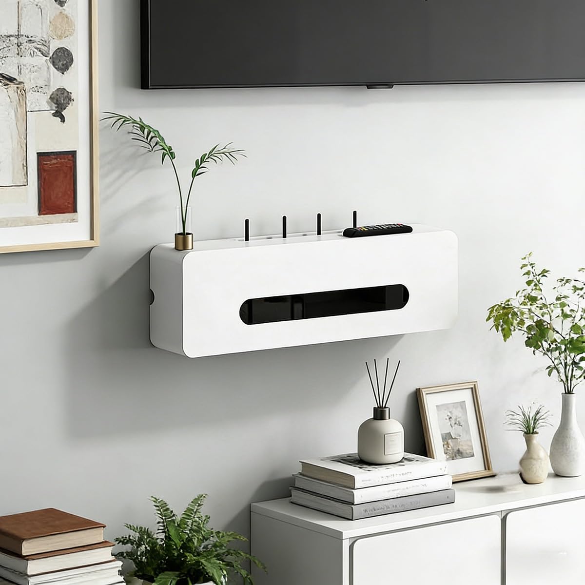Cache Box Routeur Mural - Boîtier de Rangement en Bois pour Routeur, Câbles et Prises, Salon Chambre Bureau(White,23.6 * 7.9 * 6.3in)