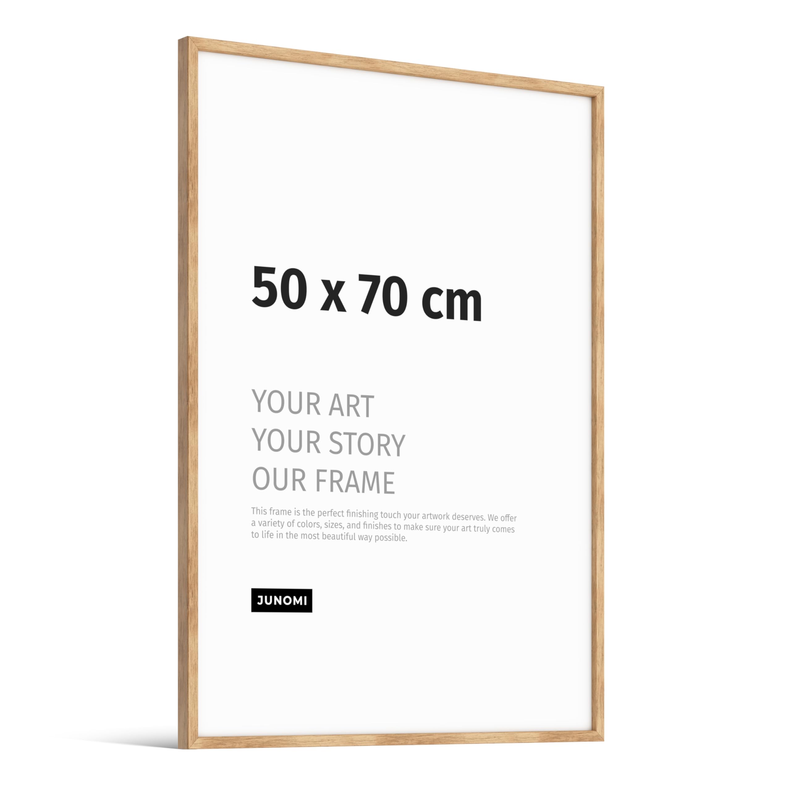 JUNOMI® Marco de fotos Premium de roble 50x70cm – Madera auténtica, cristal sintético inastillable, perfil estrecho, diseño minimalista, uso vertical u horizontal