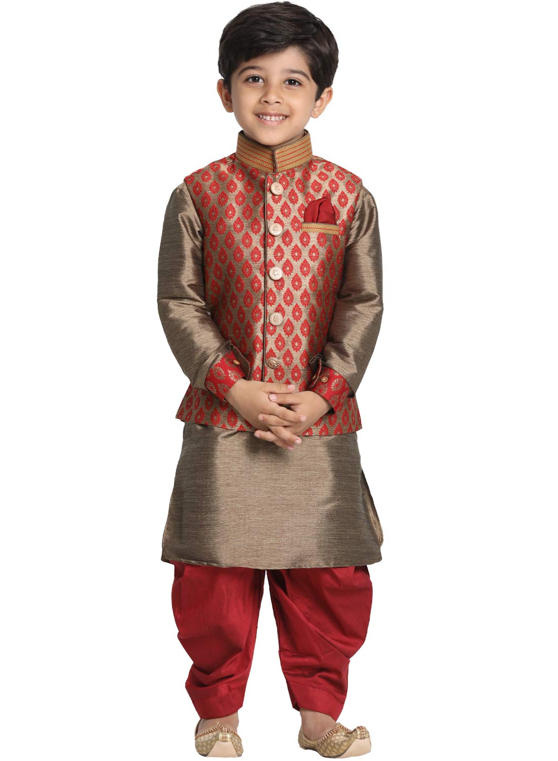 Jbn Creation Boys' Maroon And Rose Gold Silk Blend Ethnic Jacket, Kurta And Dhoti Pant Set_Vasbj025Manbuk006Mancdma_28