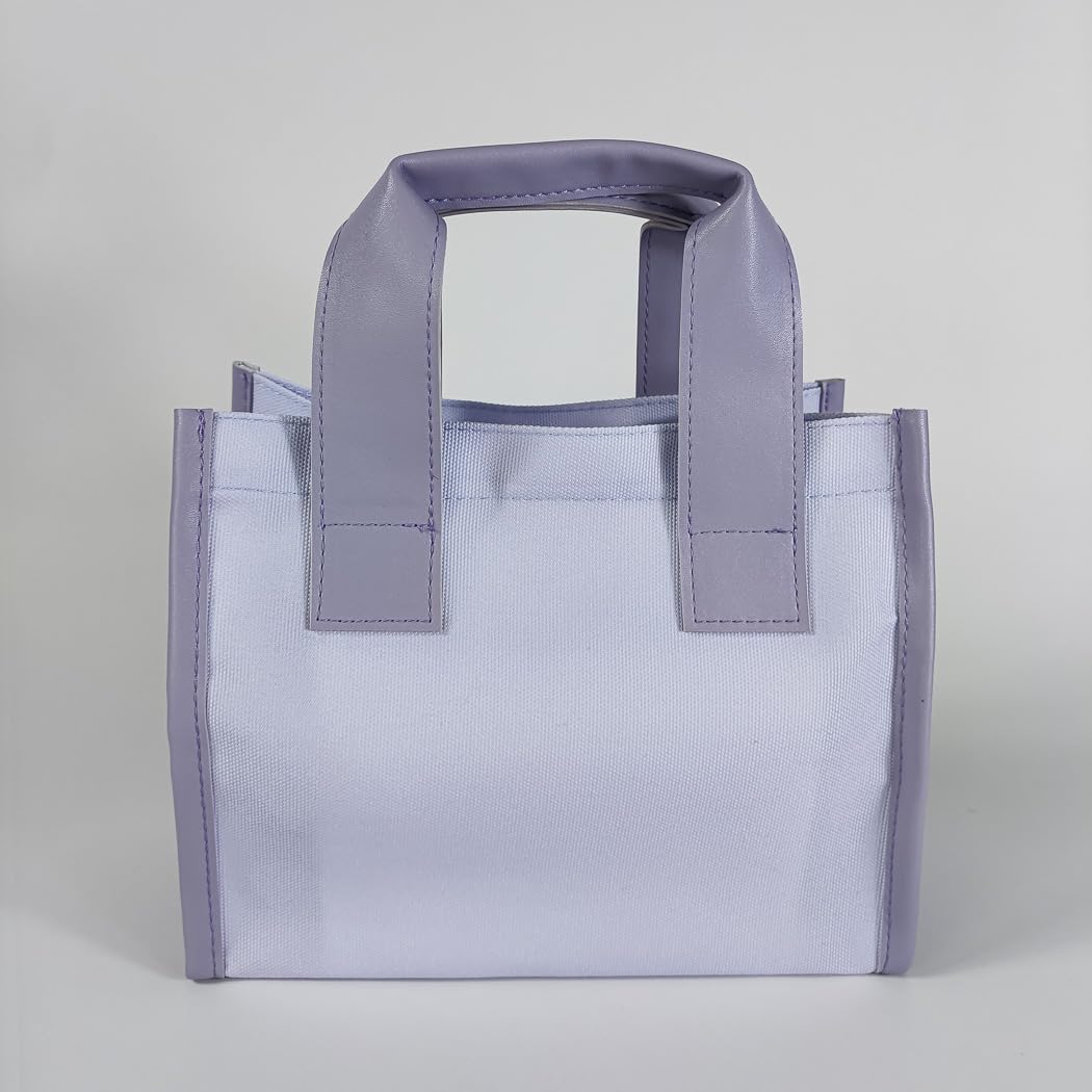 Zadaj view of the MINISO Kuromi Square Lunch Bag, showing its plain light purple back and the construction of the handles.