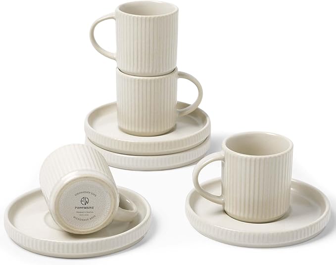 famiware Star Espresso Cups and Saucers Set of 4, Matte White