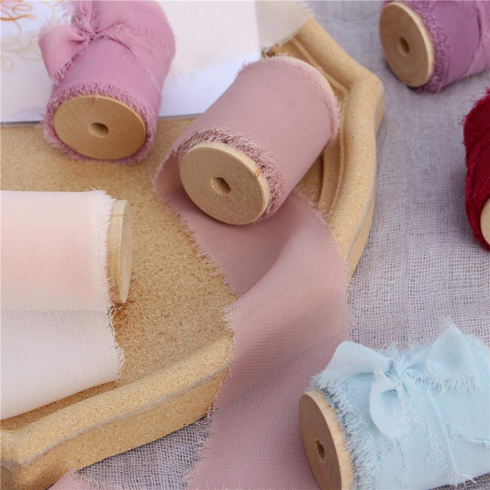 Vitalizart Chiffon Zijdeachtig Lint 3 Rollen 3,8 cm x 6,4 m Naakt & Wit & Terracotta, 3,8 cm x 19,2 m Stoffen Linten Handgemaakt Franje voor Huwelijksuitnodigingen, Bruidsboeketten, Cadeauverpakking