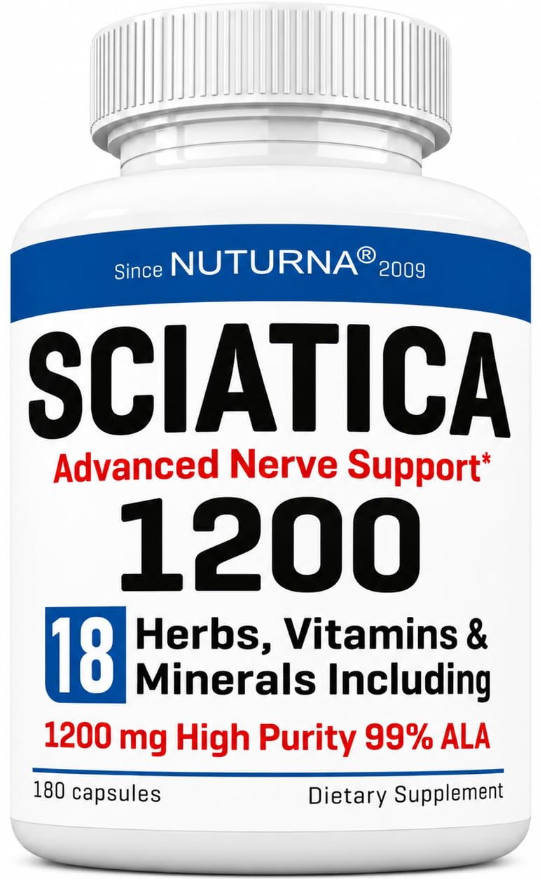 Sciatica Nerve Relief Supplement 1200 mg HP-99 Alpha Lipoic Acid - Maximum Strength ALA Sciatic Nerve Support for Lower Back Hip Buttock Legs & Feet - Ultra Potent 18-in-1 Natural Vitamins - 180 Caps White-blue 180 Count (Pack of 1)
