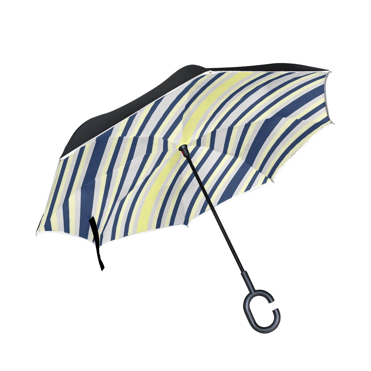 TIANYUSS Double Layer Inverted Stripes Vertical Navy Blue Yellow Grey Shapes Umbrellas Reverse Folding Umbrella Windproof Uv Protection Big Straight Umbrella For Car Rain Outdoor With C-shaped Handle