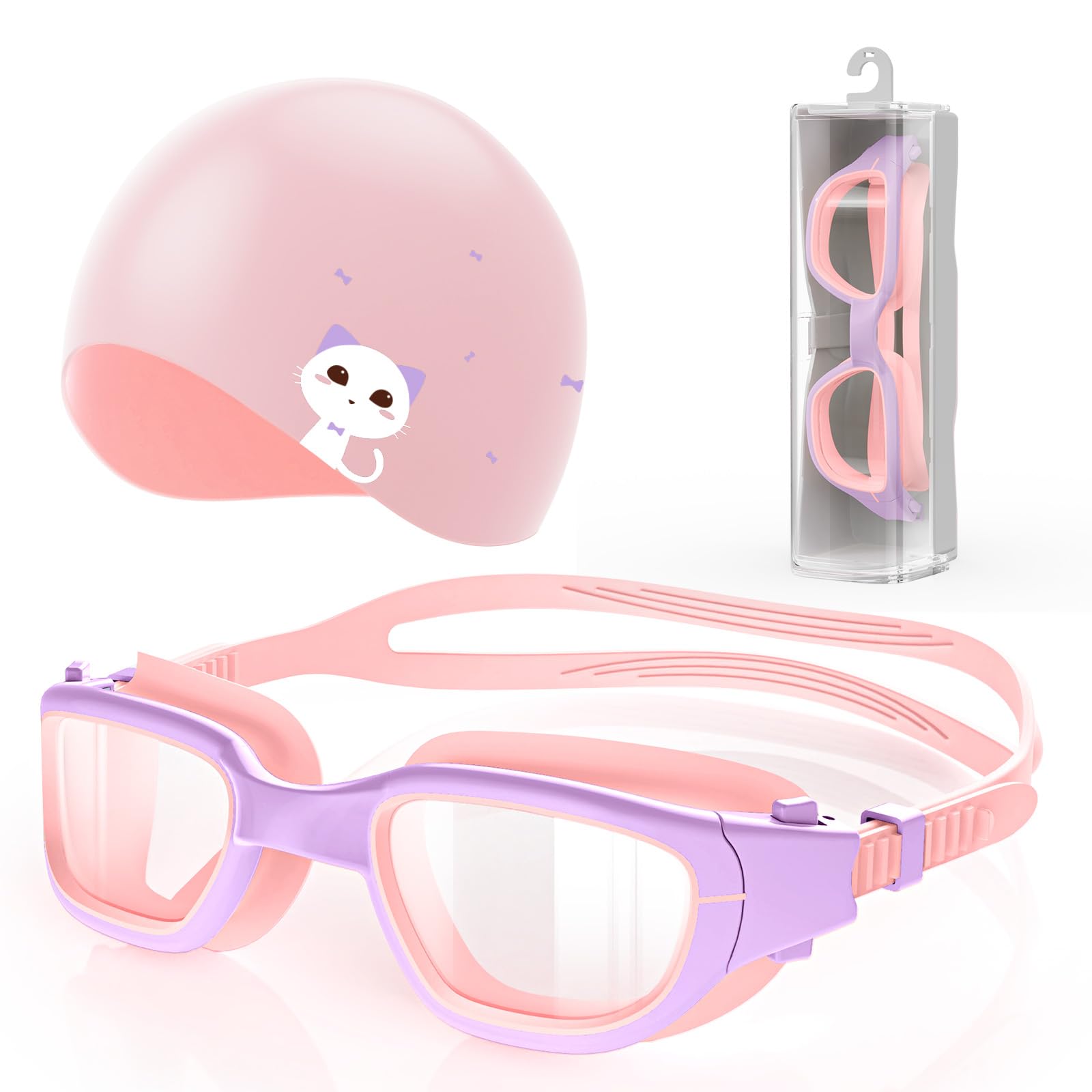 Zeligerstar Kids Swim Goggles with Free Silicone Swim Cap in Candy Dual-Tone: Leak-Proof, Anti-UV Lenses for Ages 6-14, Includes Hard Case & Bonus Swim Cap