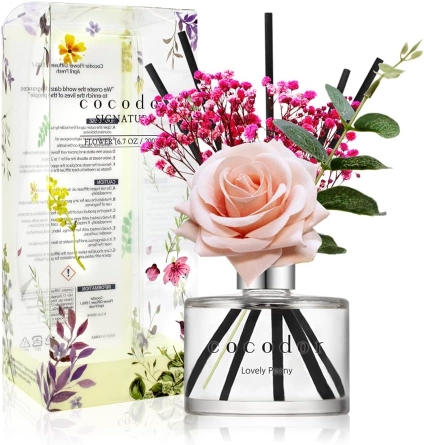 Cocod'or Rose Flower Reed Diffuser/Lovely Peony/6.7oz(200ml)/1 Pack/Glass, Modern, White, Manual, Long Lasting Aroma, Home & Office Decor, Fragrance and Gifts, Mother's Day