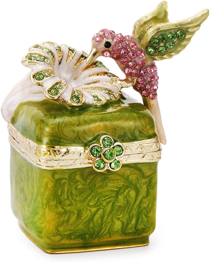 Hand Painted Enamel Hinged Trinket Box, Unique Mini Ring Necklace Jewelry Organizer, Classical Antique Bejeweled Storage, Figurine Collectible Keepsake Home Decor (Hummingbird on Box)