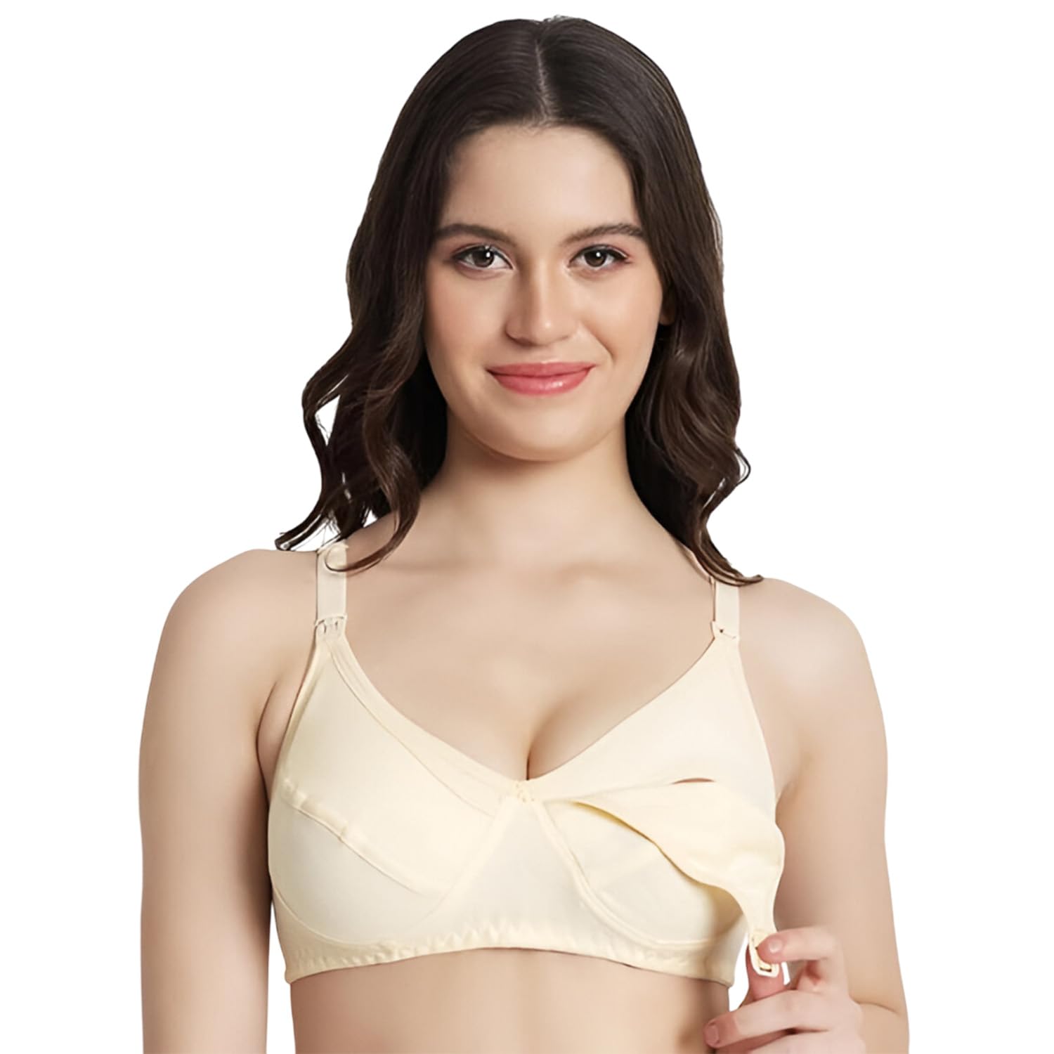 Maternity Nursing Bra for Women | Non-Padded Cotton Blend | Wire-Free V-Neck Feeding Bra (Size 38 Beige)-image-17