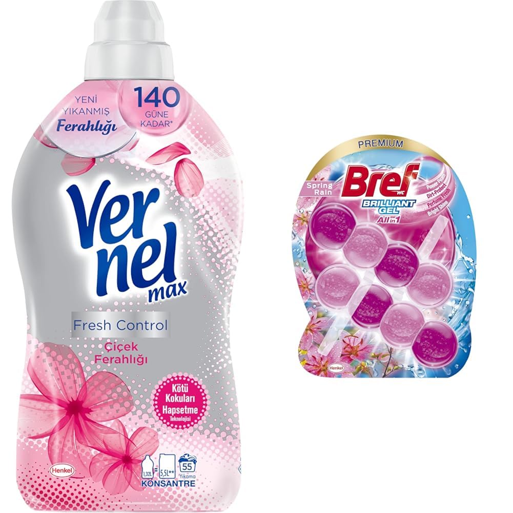 Vernel max Fresh Control Çiçek Ferahlığı 55 Yıkama Konsantre Çamaşır Yumuşatıcısı (1 x 1370 mL) + Bref WC Brilliant Tuvalet Temizleme Jel Çiçek Kokulu 2'li (2 x 42 g)