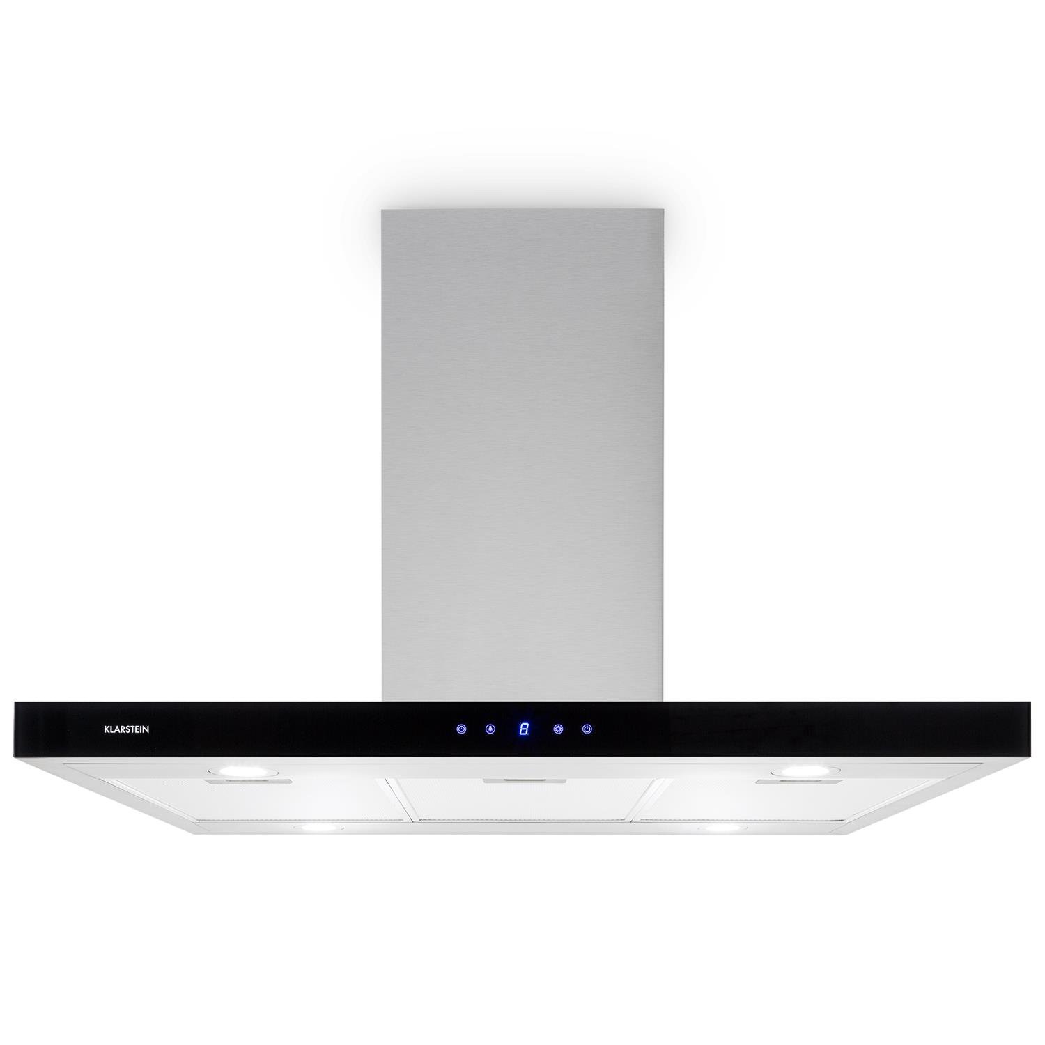 Klarstein Madonna - Cappa Aspirante ad Isola, Potenza Aria di Scarico 500 m³/h, Larghezza 90 cm, Illuminazione, Touchpad Illuminato con Display, Nero/Argento