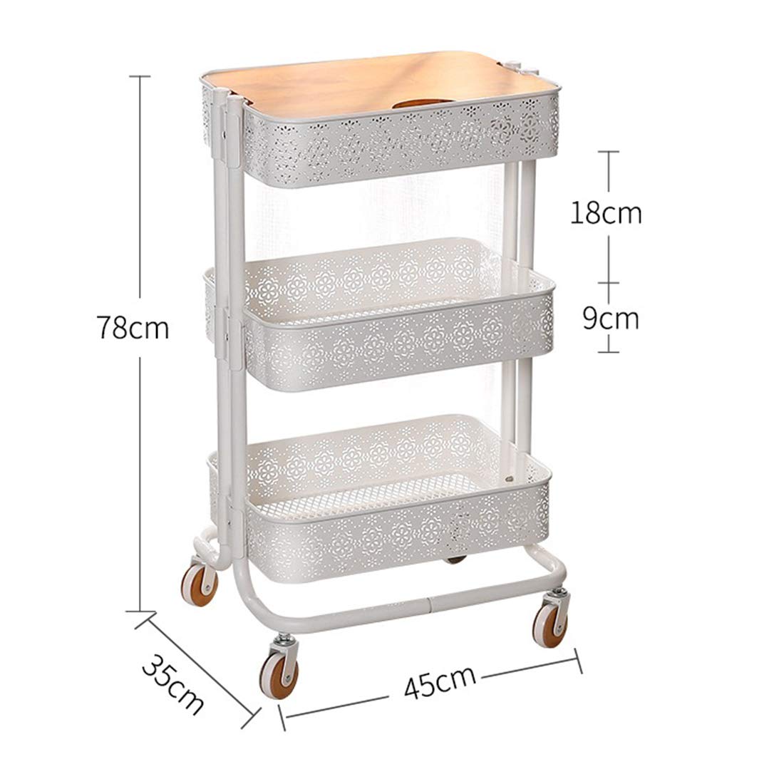 ZYFA Carrello Cucina a 3 Piani Servizio,Scaffale Portaoggetti Mobile, Multiuso, Salvaspazio Scaffale Rete Metallica Contenitori, in Legno Robusto Rotolamento Metallo,4 Ruote Girevoli