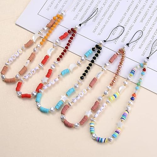 Sysuii Beaded Phone Lanyard Wrist Strap,Kawaii Love Heart Letters Star Moon Beaded Phone Charm Colorful Rainbow Phone Chain Strap For Women Girl Pearl Bracelet Keychain Cute Phone Decoration,White #TOP1