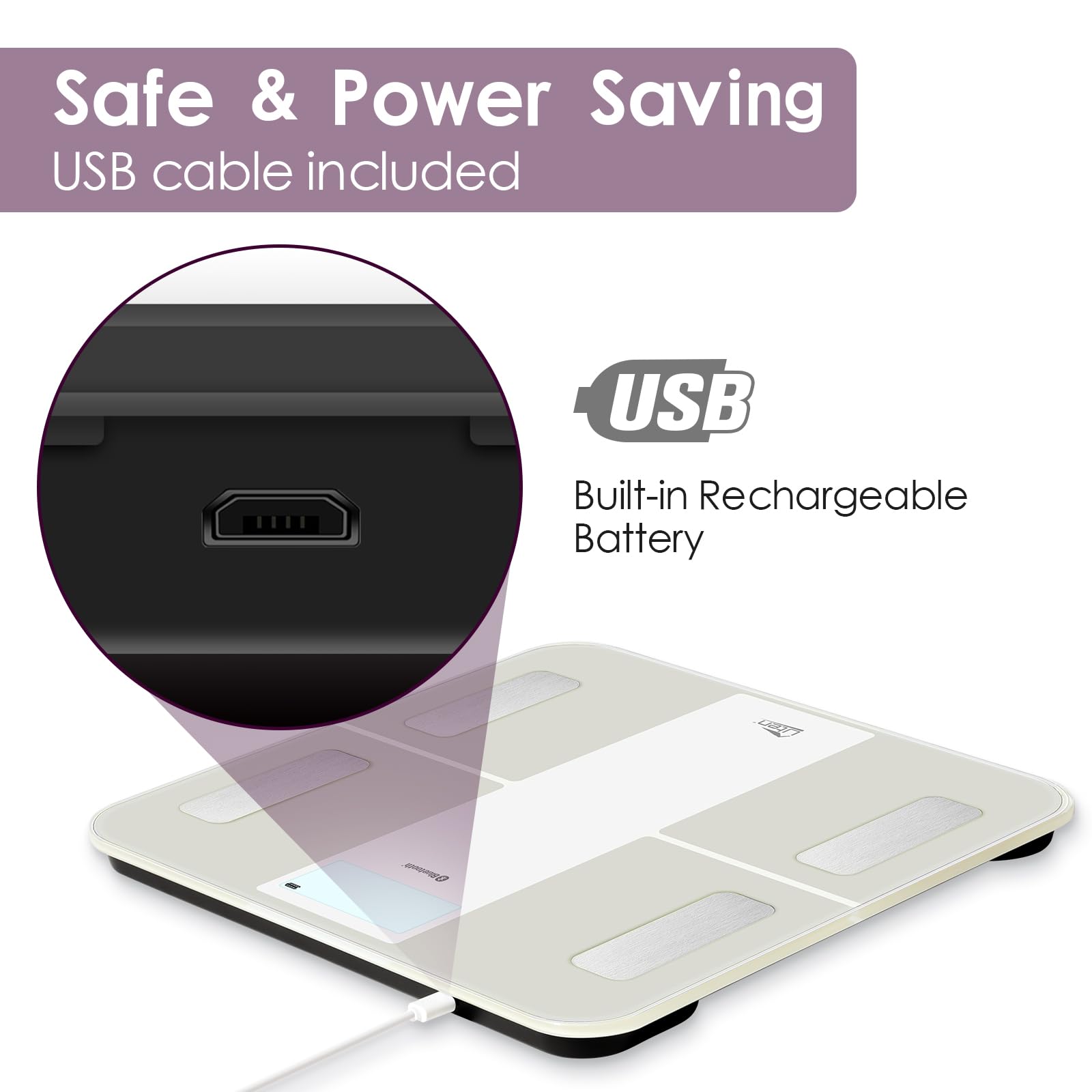 Uten Chargement USB Pèse Personne, Balance Pèse-personne Bluetooth Numérique, Analyseur de Composition Corporelle, écran Rétroéclairé par LED, 180 kg （Blanc）