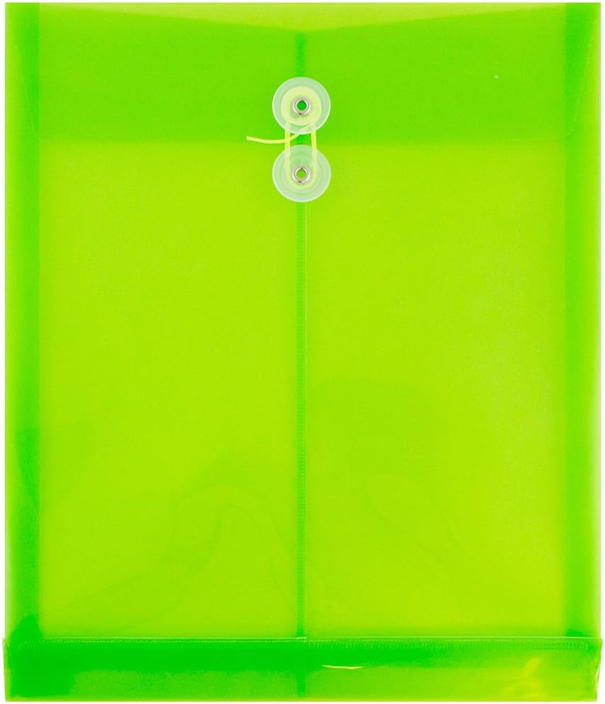 JAM Paper Plastic Envelopes with Button & String Tie Closure - Letter Open End - 9 3/4" x 11 3/4" - Lime Green - 108/pack
