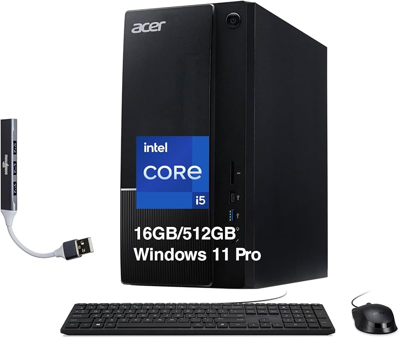 Acer Aspire TC-1775 Desktop Computer Intel i5-14400, 16GB DDR5, 512GB SSD | Intel UHD 730 Graphics, WiFi 6E, Bluetooth 5.3, Air Cooling, Dual HDMI, Wired Keyboard & Mouse, Win 11 Pro) w/Dockztorm Hub