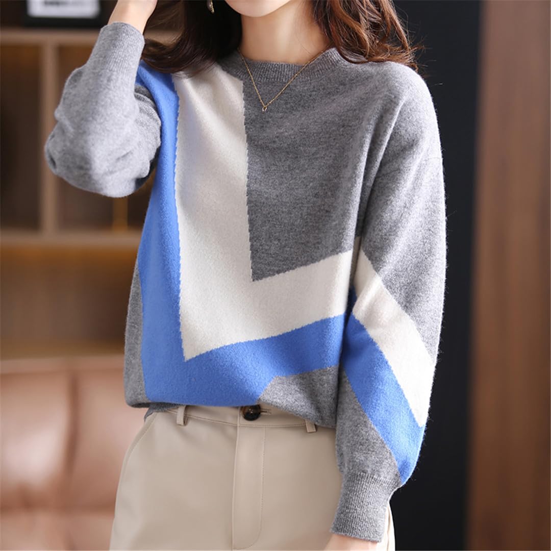 Kaschmir-Pullover für Damen, Rundhalsausschnitt, farblich passender Strickpullover, solide Wolle, langärmeliger Pullover