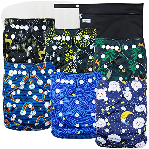 Image of Leekalos Cloth Diapers Reusable for Boys and Girls, Baby Diaper Cloth with Bamboo Inserts & Wet Bag (Sky) one Size