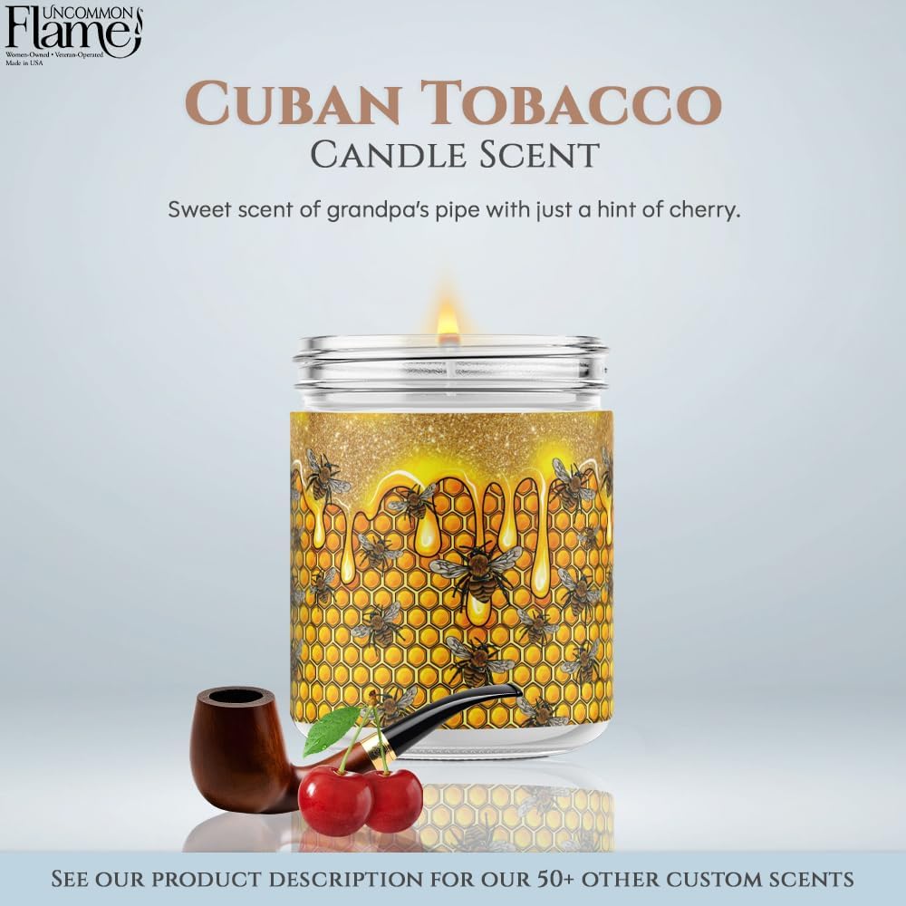 100% Handmade Non-toxic Soy Wax Candle, Warm Scent, 120hr Burn, Soot Free, Cotton Wick, 16 oz - Gold Honeycomb Themed Design (Honey Bees, Cuban Tobacco)