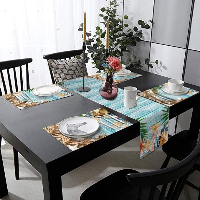Miniatura 5 de Juego de 6 manteles individuales y camino de mesa tropical de verano de lino de madera azul turquesa, juego de tapetes de comedor lavables con