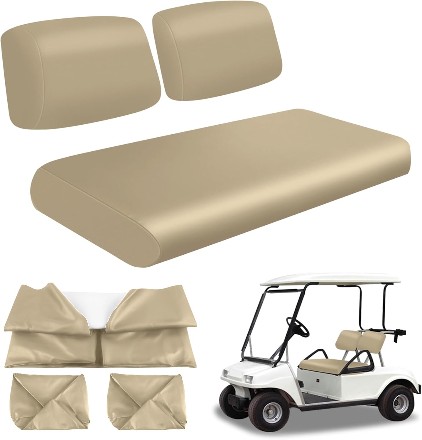 Golf Cart Front Seat Covers Beige Micro Fiber Leather Seat Covers Replacement for Club Car DS 1982-2000, Staple On