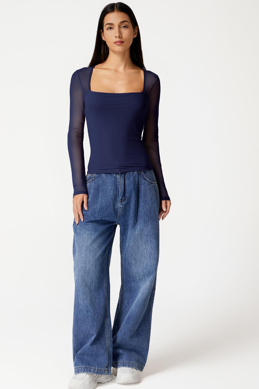 QINSEN Womens Square Neck Long Sleeve Mesh Sheer Top Double Lined Going Out Basic Shirt - Image 5