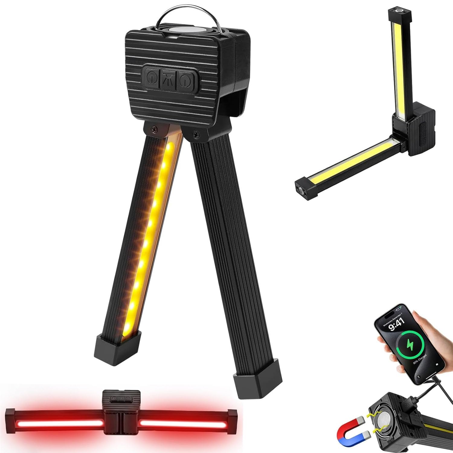Rechargeable Magnetic LED Work Light with Dual 180° Folding COB Panels, 7-Level Dimming, Hanging Hook & USB Power Bank Output for Gym Posing, Camping, Car Repair and Emergency Use, Black-image-20