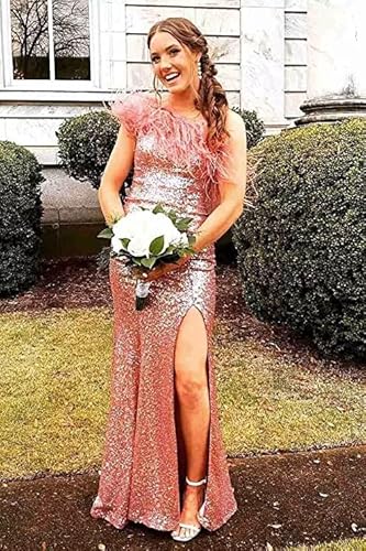 Qqcute Sequin One Shoulder Feather Prom Dress Sparkly Mermaid Formal Dress Long Split Evening Gowns For Women(White,Us12) #TOP1