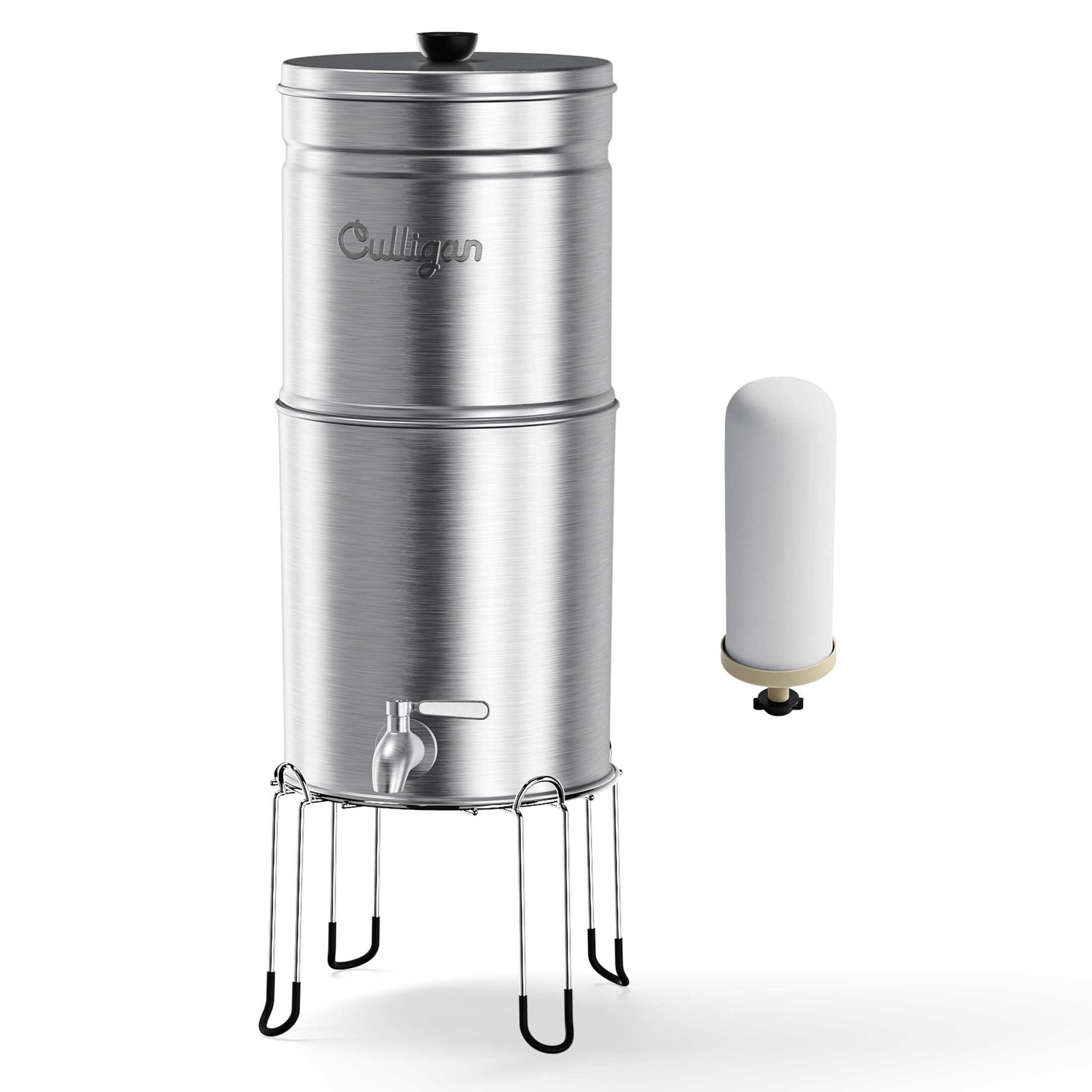 Culligan MaxClear 2.25 Gallon Gravity Water Filter System, Brushed Stainless-Steel Countertop Water Filter NSF/ANSI Certified to Reduce Microplastics, Lead & Total PFAS, with 1 Ceramic Filter