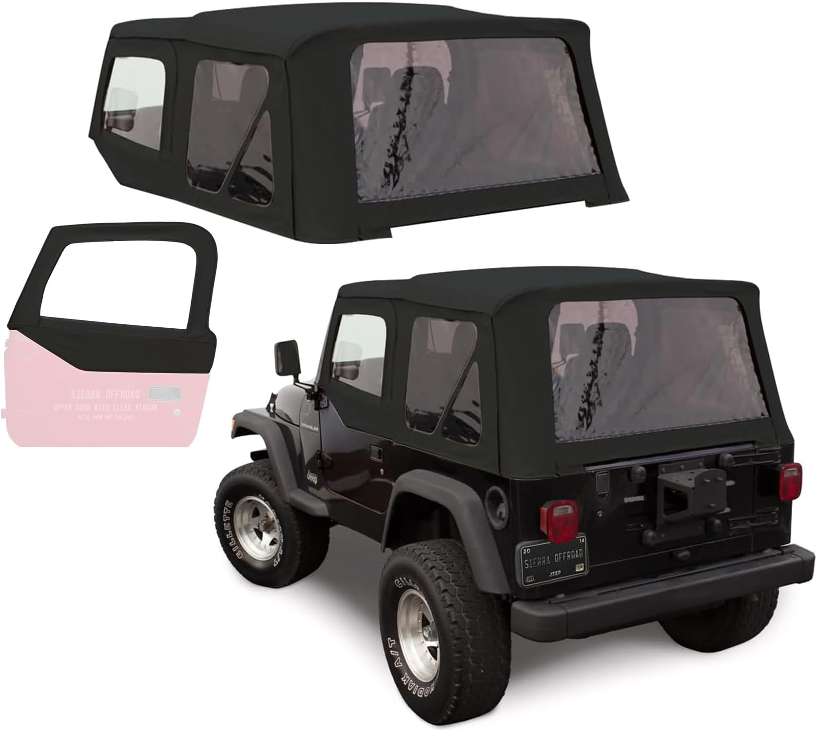 Sierra Off-Road Soft Top for 1997-2006 Jeep Wrangler TJ - Black, Canvas Vinyl - 2 Door Jeep Soft Top with Rear Plastic Tint Window - Factory Precision Fit Replacement - Top Door Skin Included