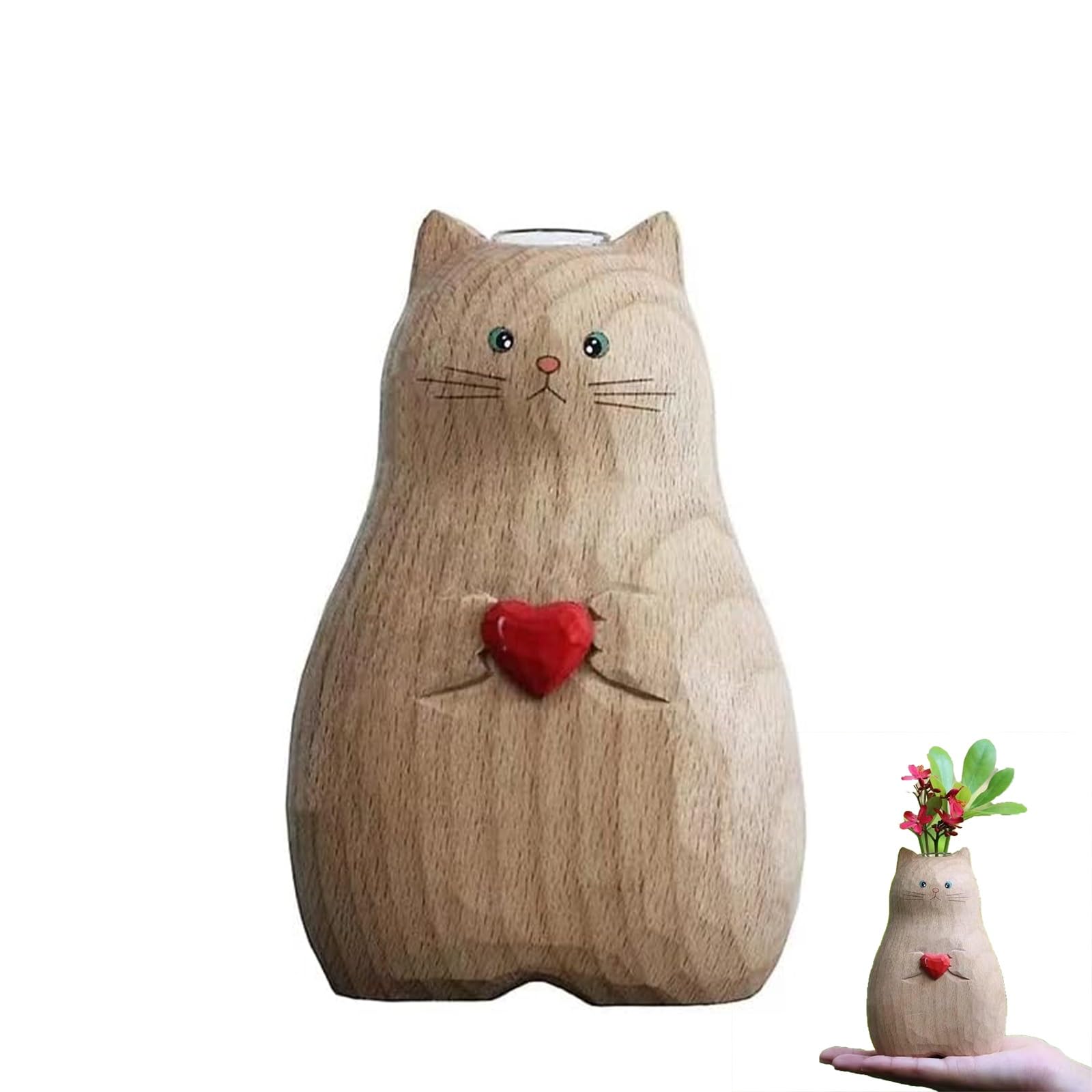 Handmade Wooden Cat Vase, Solid Wood Cat Statue Vase, Home Decor, Solid Wood Handmade Vase, Modern Shelf Decor Accents (Color : Cat Vase)