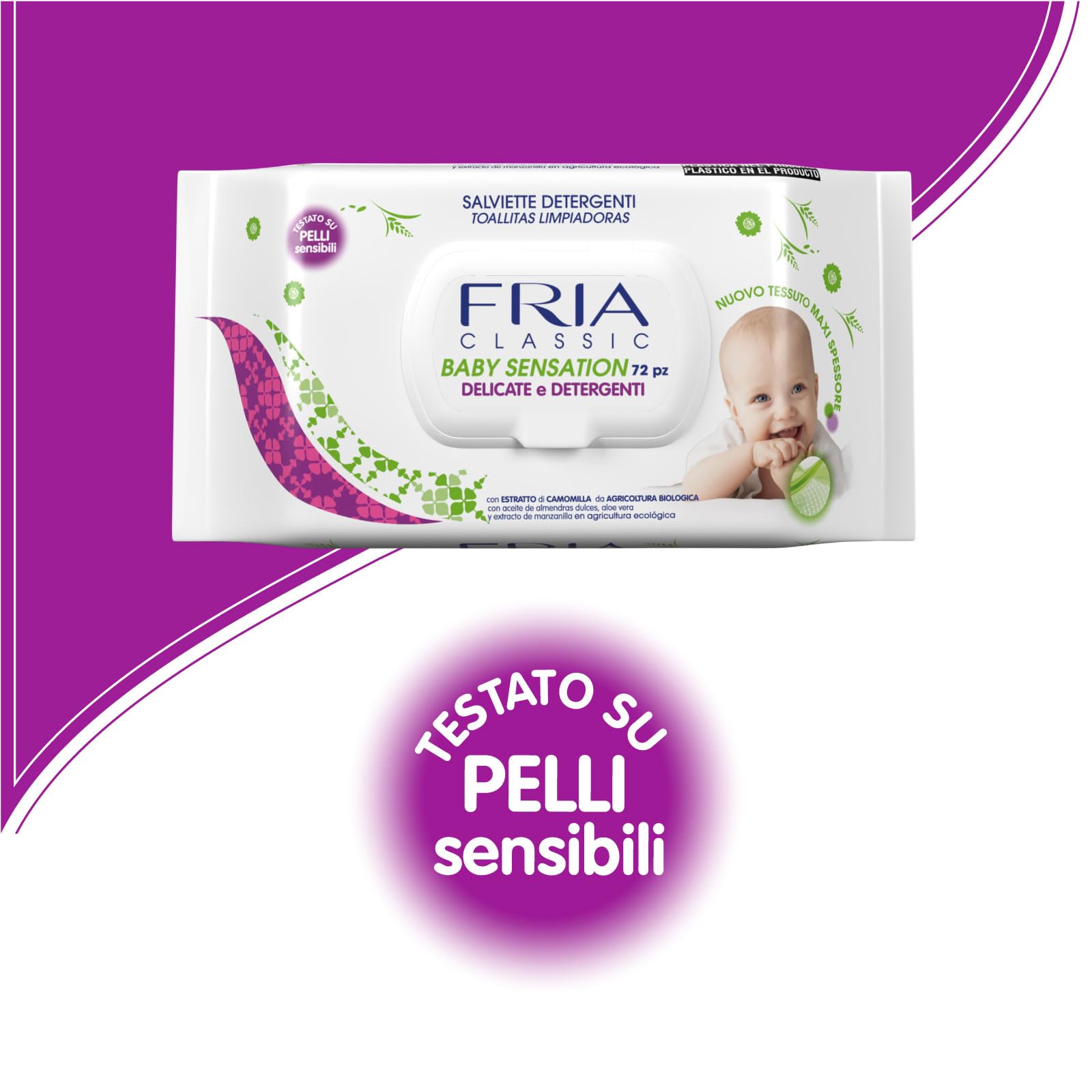 Salviette per Bambini Baby Sensation Classic con Coperchio - Estratto di Camomilla - 72 Salviette - FRIA