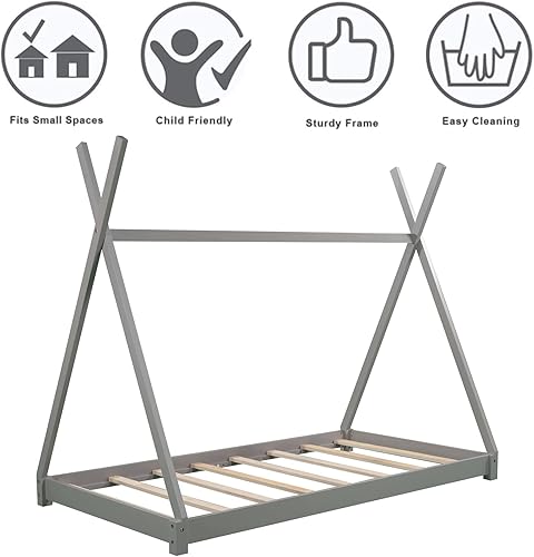 Miniatura 4 de Cama de casa tamaño individual para niños, cama de casa para niños pequeños con estructura triangular, base de cama de madera para suelo, mueble de