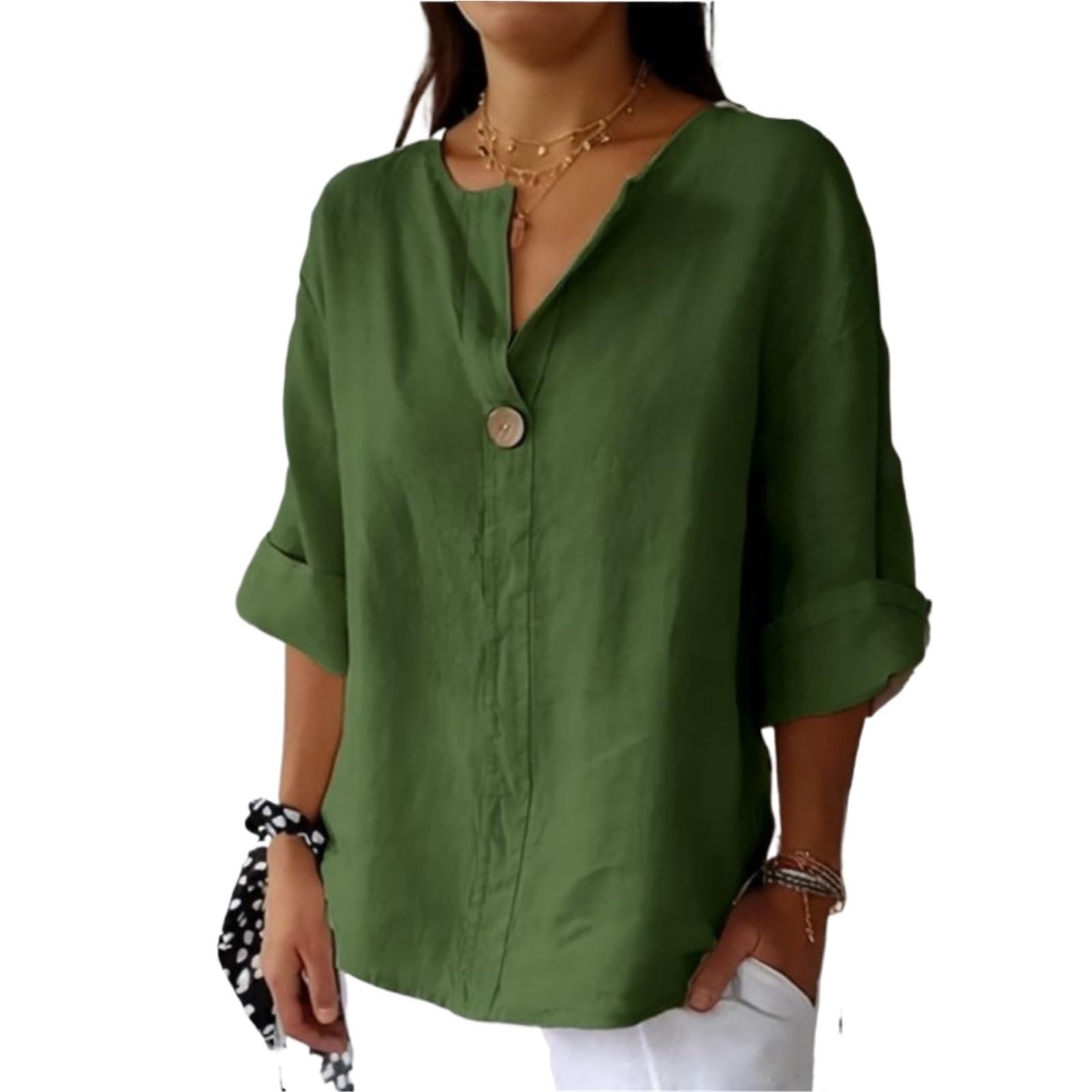 Copricostume Donna Camicie Da Donna Camicette Magliette Con Scollo A V | Pullover ampio in lino casual con maniche a 3/4(Red,M)