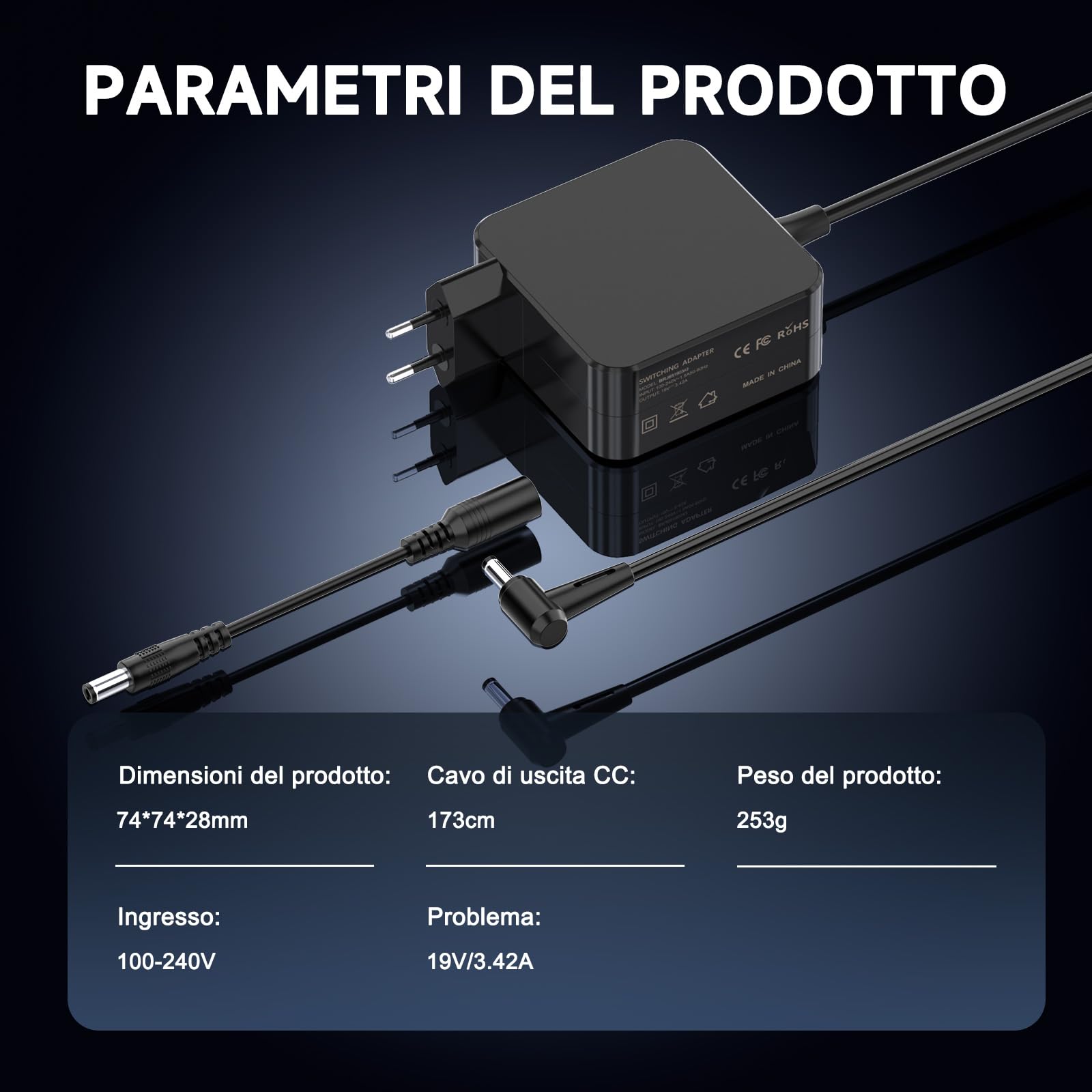 65W Caricatore PC Portatile 19V 3,42A Compatibile con Asus F550C F551C F551M F552C F552L F552M F554L F555L F540L F540N F502C K55V K53E K550V K550J K550C K501U Alimentatore Caricabatterie