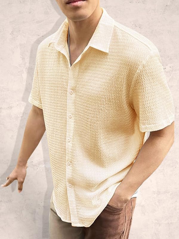 Image of Pinkmint Popcorn Shirt for Men Soild Slim Fit Sleeve Spread Collar Trendy Men Shirt Summer Wear Goa Wear Olive