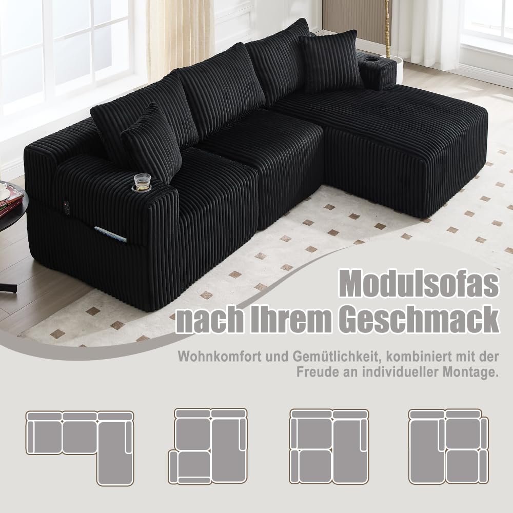 I0I&I0I Ensemble canapé modulaire avec méridienne et housse en velours côtelé 2 places avec 5 coussins porte-gobelets, pour le salon, l'appartement (noir + Corduroy + 3 sièges + mousse)