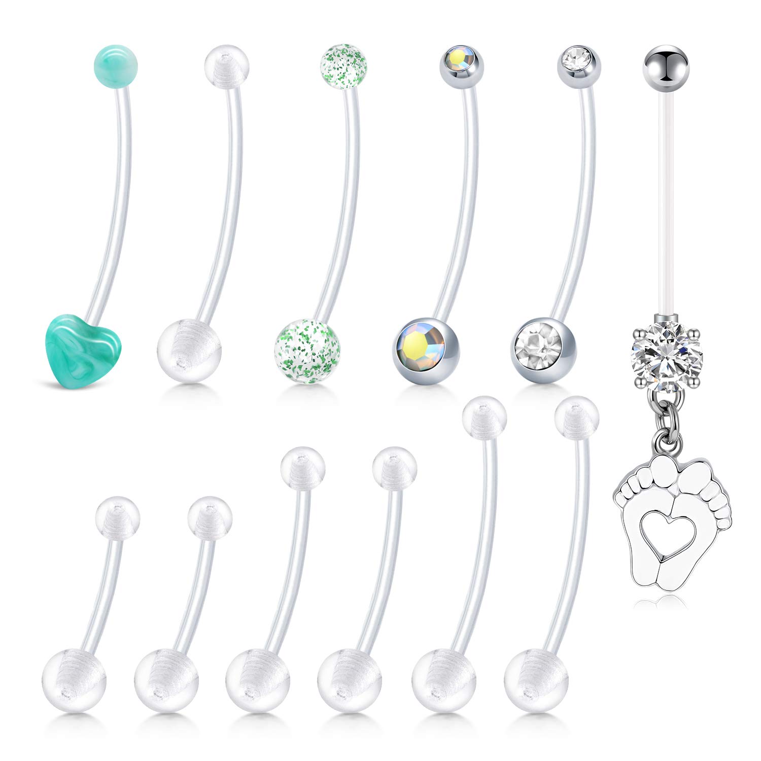LongitaPlastic Pregnancy Belly Button Rings Long Bar Navel Rings for Maternity Sport Pregnant Women Flexible Clear Belly Piercing Retainer Different Length bar and Balls for Replacement 10-32mm
