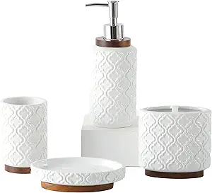 Bathroom Accessories Set 4 Pcs Toothbrush Holder Soap Dispenser Ceramic and Wood Bathroom Decor S...