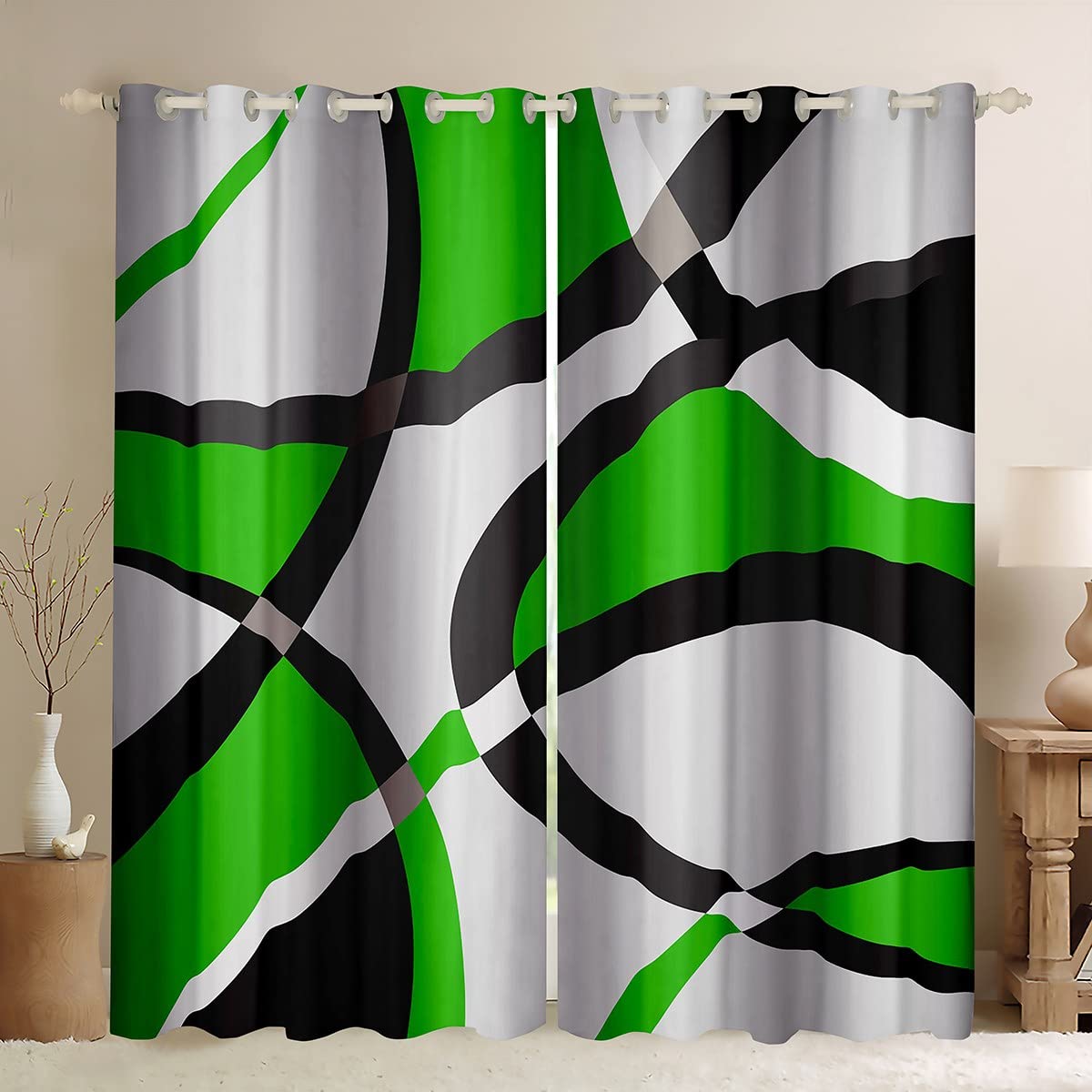 Green Geometric Blackout Curtains Geometric Circle Swirl Window Curtains Red and White Abstract Darkening Dreapes Retro Circle Window Treatments W52*L63 — image 1
