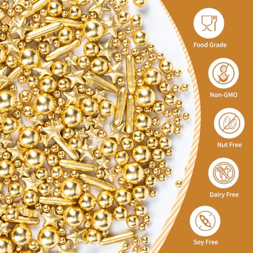 Image of Edible Gold Pearl Star Rod Sprinkles 130g,Luxury Metallic Gold Confetti for Cake Decorating,for Wedding Christmas New Year Anniversary Bridal Shower Birthday Party Dessert Toppings