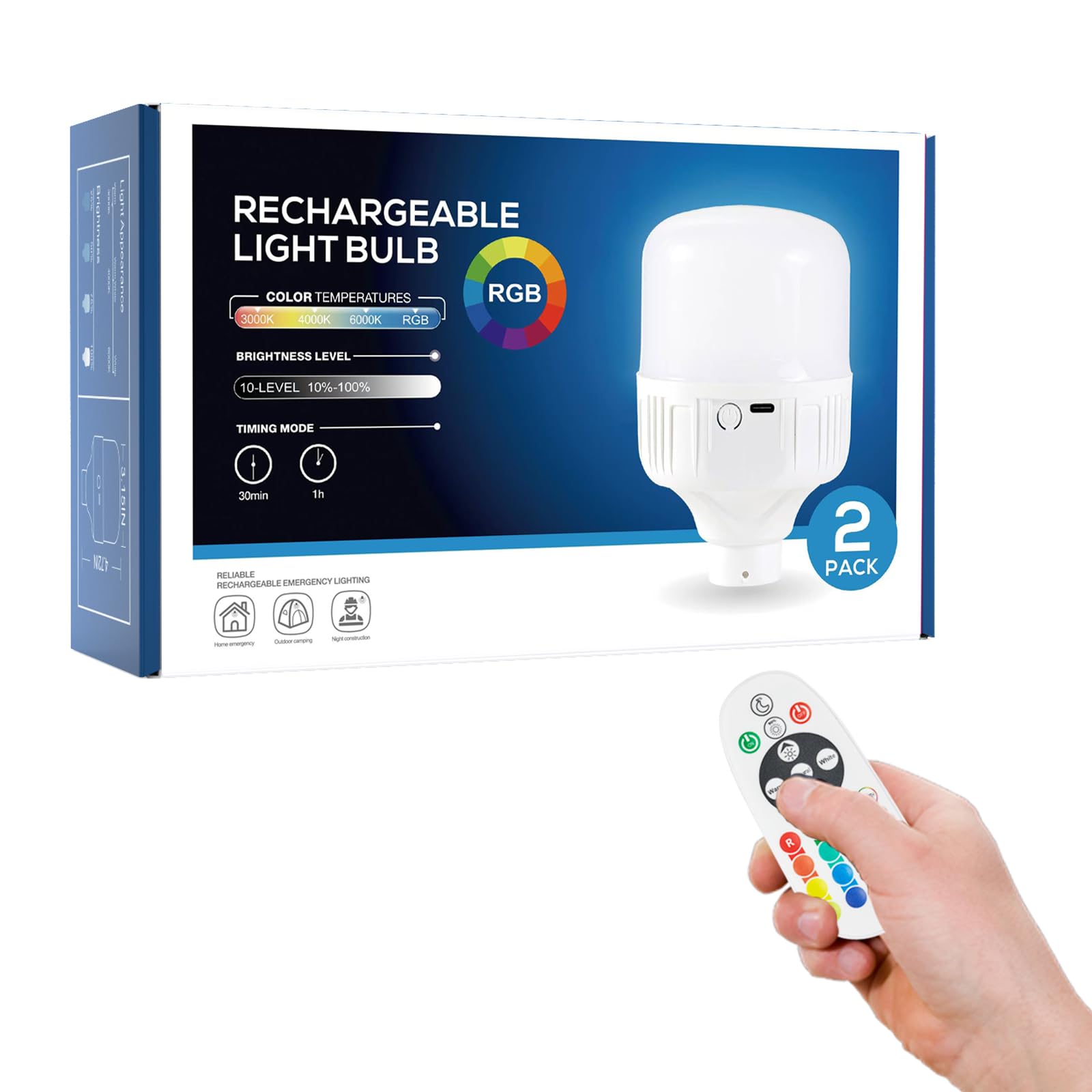 TERLEENART 2 Pack Cordless Rechargeable Light Bulb with Remote Control,5200 mAh Dimmable LED Bulb with 15 Colors Selectable,Timing Function,Outdoor