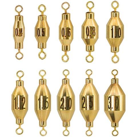 Conskyee 10pcs Brass Fishing Weights, Inline Fishing Sinkers, Double Swivel Ring Trolling Sinker for Freshwater Saltwater, 0.06oz-0.4oz Cover